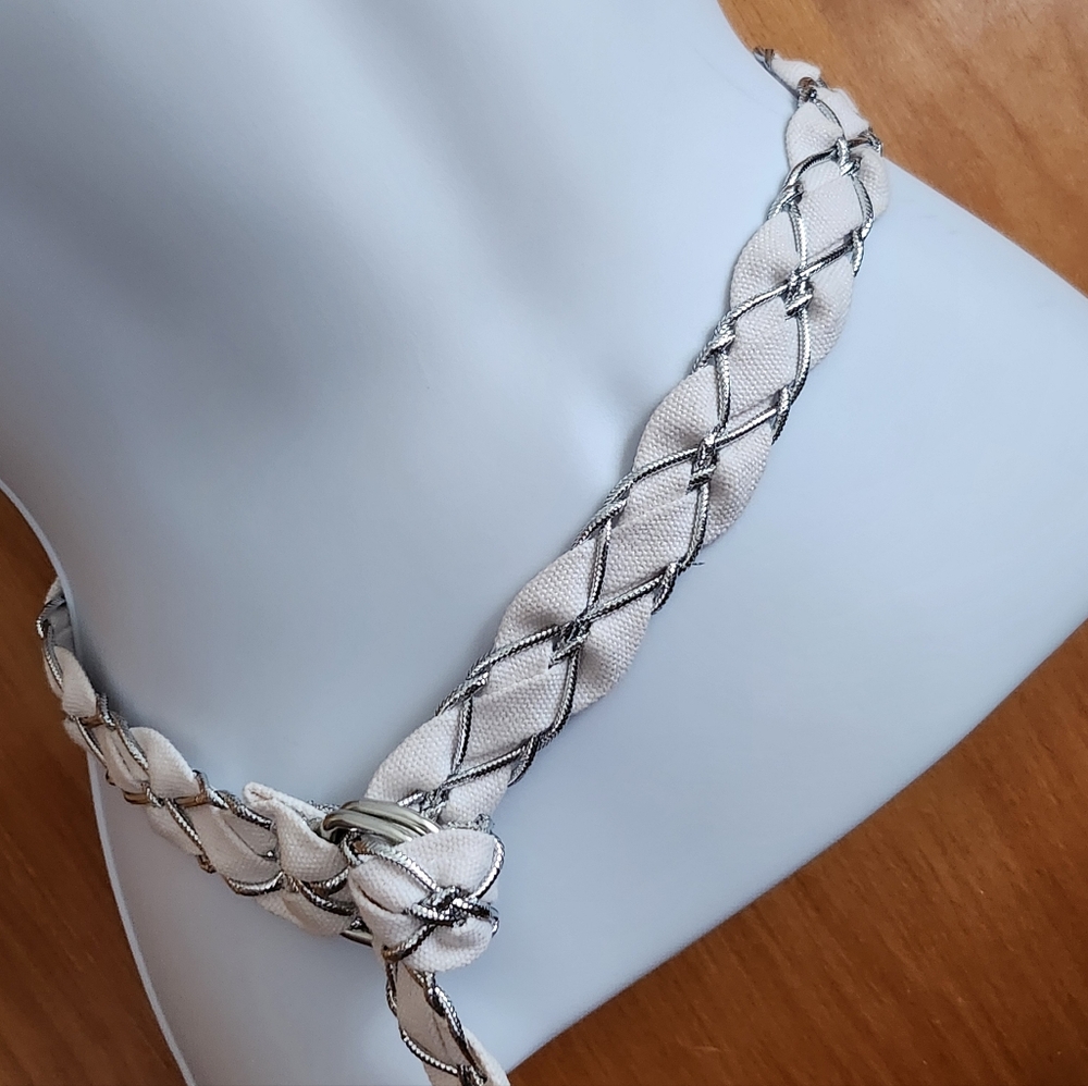Elegant Silver and White Braided Belt Size 12